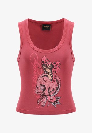 Aansluitend roze tanktop met een ronde neklijn, voorzien van een grafisch ontwerp van een schedel en een vlinder in zwart en roze op de voorkant.