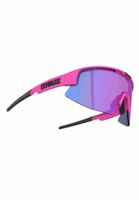 Gli occhiali da sole Bliz presentano una montatura di un vivace colore rosa con dettagli neri, grandi lenti gradienti viola e un design avvolgente elegante.