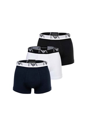 Drei Herren-Boxershorts in Schwarz, Weiß und Marineblau mit gewebten Emporio Armani Taillenbändern.