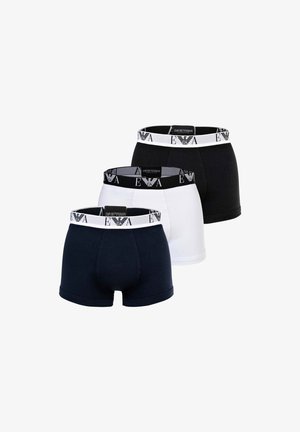 Drei Herren-Boxershorts in Schwarz, Weiß und Marineblau mit gewebten Emporio Armani Taillenbändern.