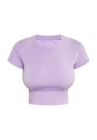 Top sportiv scurt în nuanța liliac, cu mâneci scurte tip raglan, textură netedă și design ajustat, realizat din material elastic pentru confort.