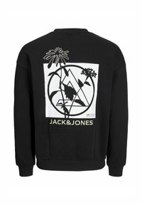 Musta kapuutsiga sweatshirt, mille seljal on graafiline trükk taimede ja geomeetriliste kujunditega. Kollane tekst "JACK&JONES", ribaga mansetid ja alläär.