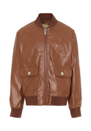 Bruine leren bomberjas met rits aan de voorkant, twee klepzakken met drukknopen, geribde kraag, manchetten en tailleband.