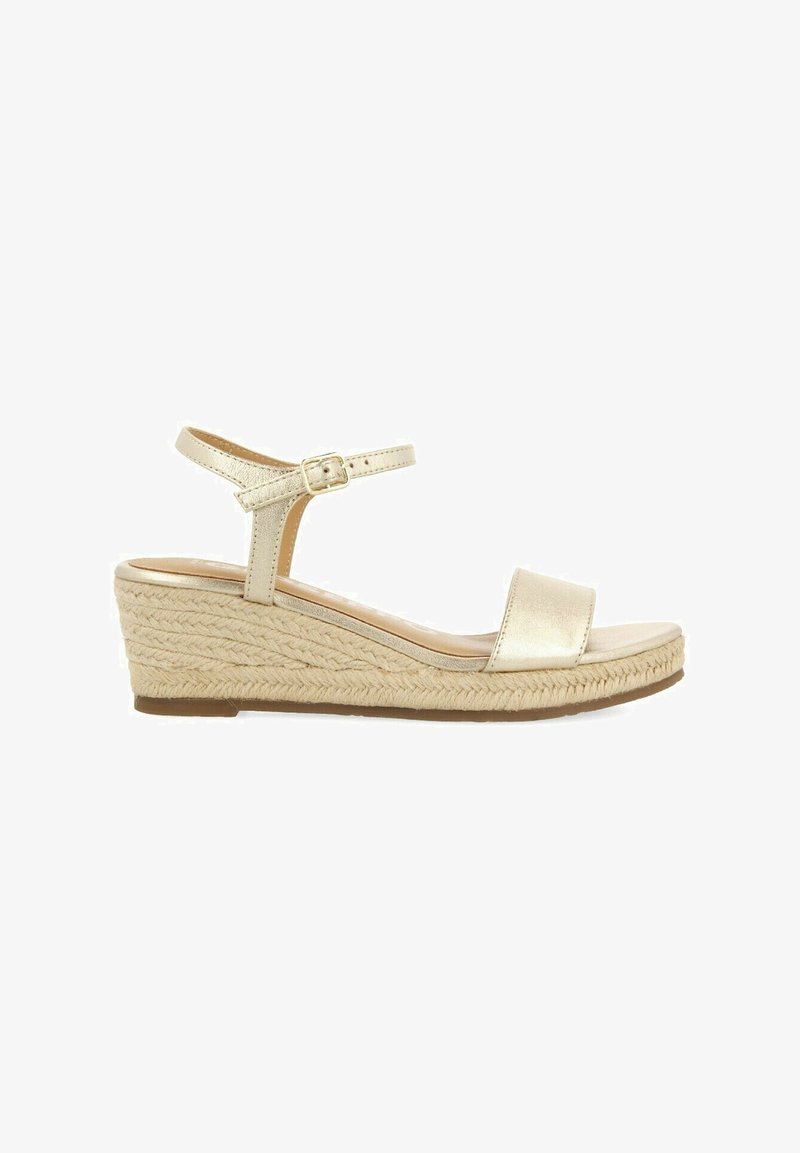 Gold metallic wedge sandal with a woven jute heel, ankle strap with adjustable buckle, open toe, and smooth footbed.