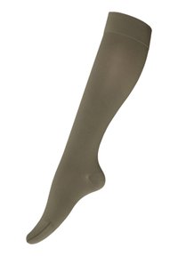 Calzino verde oliva al ginocchio in materiale liscio, dotato di una fascia a costine nella parte superiore e di una design senza cuciture nella punta.