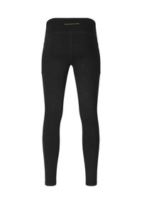 Zwarte high-waisted sportleggings met een subtiele patroonstructuur en het "ENDURANCE"-logo in goud op de achterkant van de tailleband.