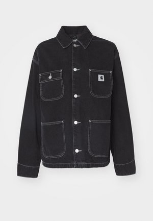 Black denim jacket with a collar, two chest pockets, and two lower pockets. Features white stitching and silver snap buttons.