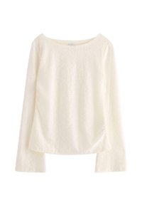 Leinen Langarmshirt in Off-White mit einem strukturierten Blumenmuster, weitem Ausschnitt und gerafftem Seitendetail. Glattes, weiches Material.