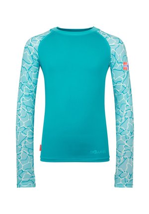 Long-sleeve turquoise swim shirt with light blue patterned sleeves and a small Norwegian flag on the right arm.