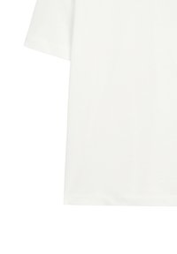 Maglietta in cotone bianco con maniche corte, scollatura rotonda e orlo dritto. Tessuto liscio, design semplice, senza motivi o decorazioni.