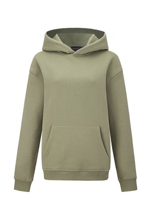 Olijfgroene capuchontrui, gemaakt van zachte stof. Voorzien van een zak aan de voorkant en geribbelde manchetten, met een eenvoudig, ontspannen ontwerp.