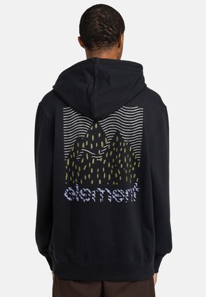 Black hoodie featuring a graphic of mountains with green patterns and blue text. Smooth fabric and casual fit, with a drawstring hood.