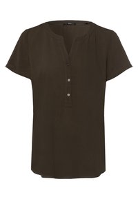 Blouse à manches courtes, marron foncé, avec un décolleté en V, un patte de boutonnage à cinq boutons et une coupe décontractée. Fabriquée en tissu léger avec une texture lisse.