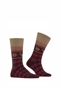 Calze lavorate a maglia con risvolto a coste di color nocciola, corpo in bordeaux e motivo floreale e a fiocco di neve con accenti rossi, verdi e dorati.
