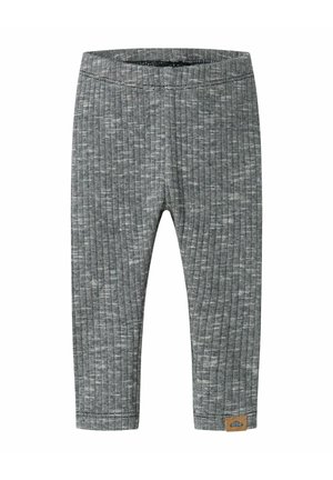 Gray ribbed knit pants with elastic waistband and a small brown patch on the bottom left leg.