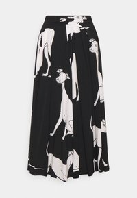 Falda plisada negra con estampado de perros blancos. El material es ligero, con una textura suave y una cinturilla para mayor comodidad.