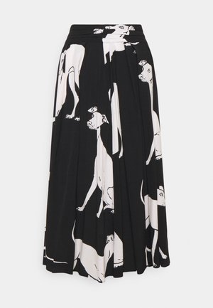 Czarna spódnica plisowana z nadrukiem białego psa. Materiał jest lekki, o gładkiej fakturze i z wygodną gumką w pasie.