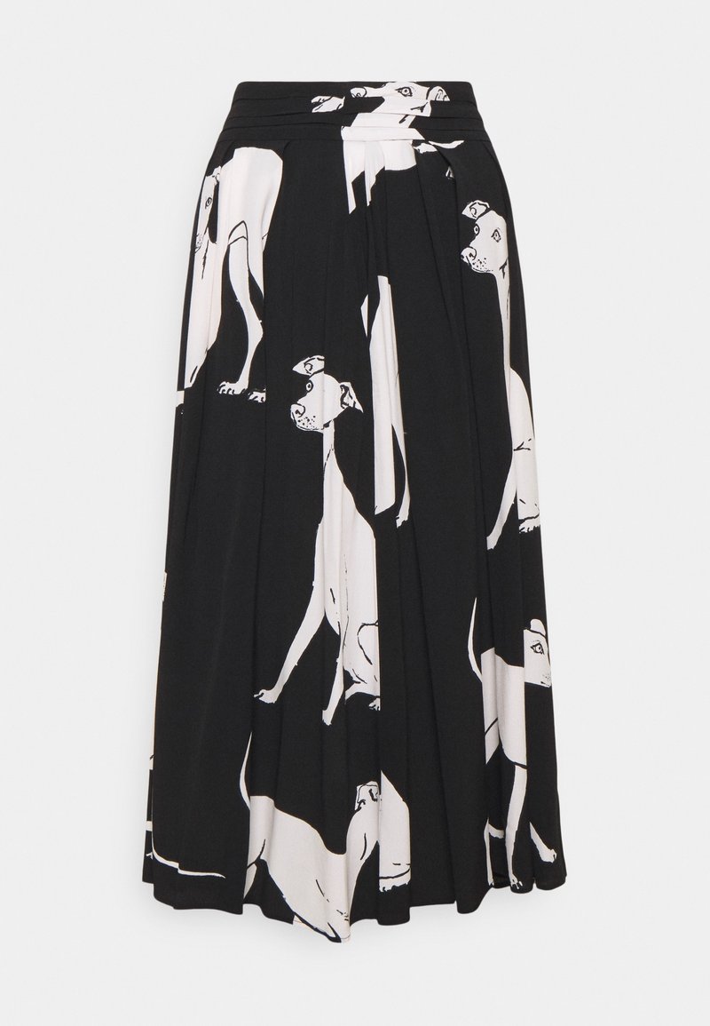Falda plisada negra con estampado de perros blancos. El material es ligero, con una textura suave y una cinturilla para mayor comodidad.