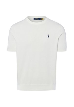 T-shirt blanc à manches courtes et col rond avec petit logo Polo Ralph Lauren bleu marine sur le côté gauche de la poitrine.
