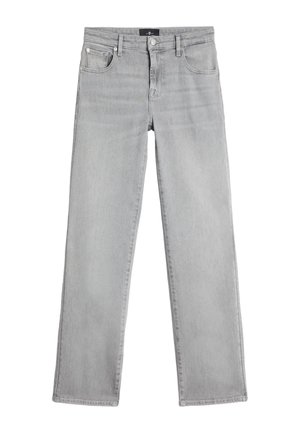 Graue Jeans mit geradem Bein aus Denim, mit klassischem Fünf-Taschen-Design, vorderer Knopfleiste und leichter Waschung.