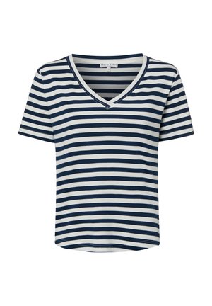 Koszulka z krótkim rękawem i dekoltem w serek z granatowymi i białymi poziomymi paskami, oznaczona rozmiarem małym.