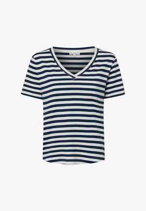 Koszulka z krótkim rękawem i dekoltem w serek z granatowymi i białymi poziomymi paskami, oznaczona rozmiarem małym.