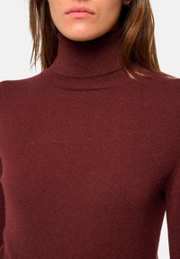 Pull col roulé bordeaux en tricot doux et texturé. Le design présente une silhouette ajustée et un col haut.