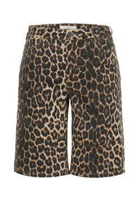 Shorts longueur genou avec motif léopard, fermeture à bouton et zip devant, et design cinq poches en tons marron et noir.