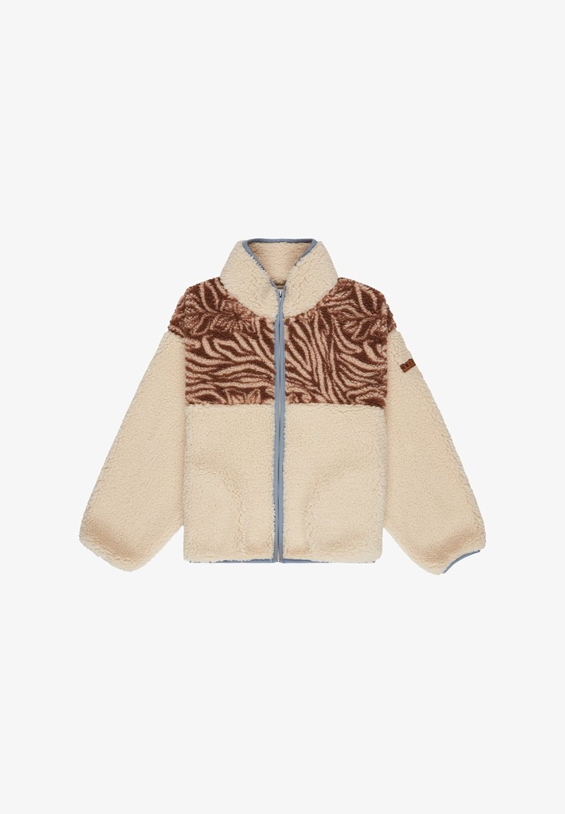 Giacca in pile di colore crema con una sezione superiore a motivo marrone texturizzato, chiusura con zip e dettagli azzurri intorno alla zip e ai polsini.