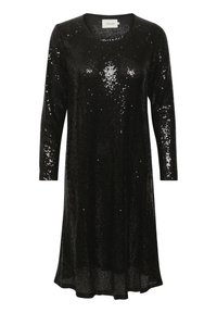 Svart långärmad knälång klänning täckt av glänsande paljetter, med rund halsringning och en etikett som säger "CREAM" inuti kragen.