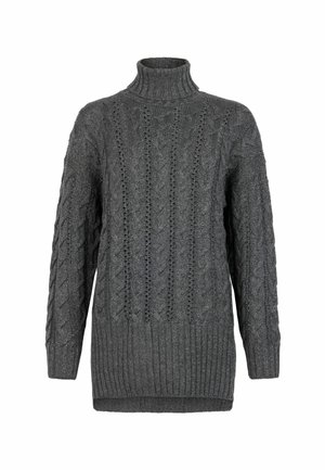Szary, dziany sweter z wysokim kołnierzem, z wyszywanym wzorem w warkocze i ściągaczem na dole. Tekstura jest miękka i gruba, co dodaje ciepła i wymiaru.