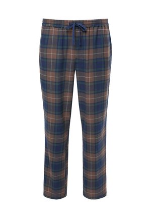 Kárované domácí kalhoty v hnědé, modré a zelené barevné kombinaci. Vyrobeno z měkké látky s elastickým pasem a nastavitelnou šňůrkou.