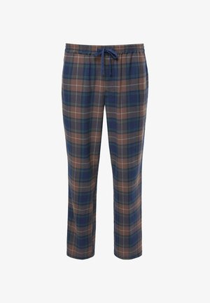 Pantalones de salón a cuadros con una combinación de colores marrón, azul y verde. Elaborados con una tela suave, cuentan con una cintura elástica y un cordón ajustable.