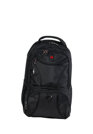 Sac à dos en tissu noir avec plusieurs compartiments zippés, une poignée supérieure et des poches latérales en mesh. Présente des accents rouges et un matériel durable.