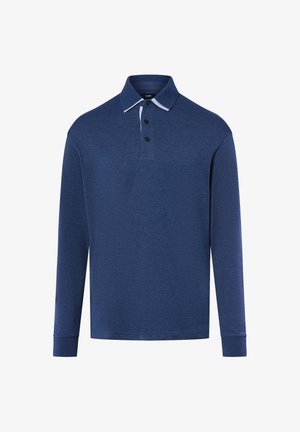 Koszula polo z długim rękawem w granatowym kolorze. Wykonana z teksturowanej tkaniny, ma tradycyjny kołnierzyk z kontrastowym białym akcentem i trzy guziki.