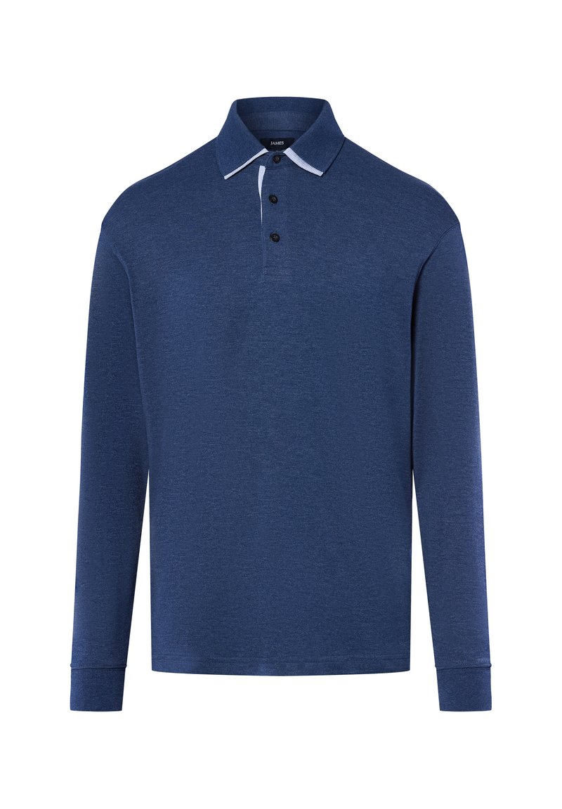 Langemouwen polo met een marineblauwe kleur. Gemaakt van een gestructureerde stof, heeft het een traditionele kraag met een contrasterende witte accent en drie knopen.