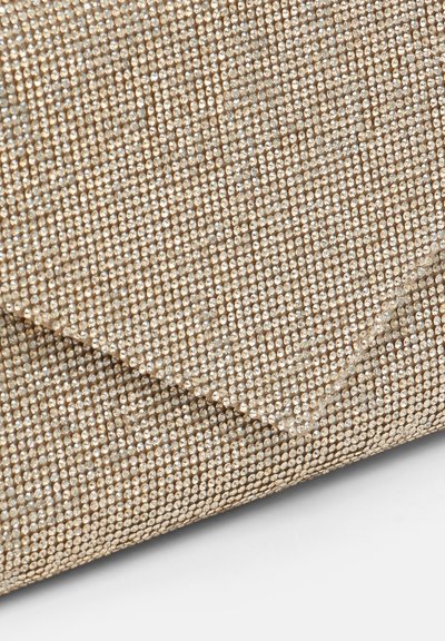 Gold-tone clutch featuring a structured design with a textured surface made of small metallic rhinestones, angled flap, and clean edges.