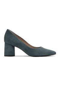 Décolleté in camoscio verde acqua con punta affusolata e tacco a blocco spesso. L'esterno è liscio, mostrando un design minimalista.