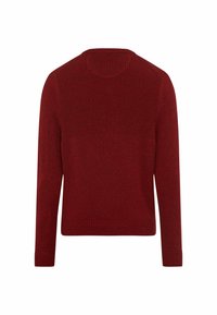 Maglione rosso lavorato a maglia con collo rotondo, motivo testurizzato sulle spalle e dettagli a coste ai polsini e all'orlo; materiale di peso medio.