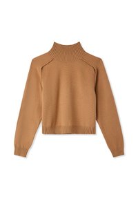 Maglione marrone a collo alto lavorato a maglia con collo e orlo a coste, caratterizzato da spalle scese e maniche lunghe. Tessuto liscio e vestibilità corta.