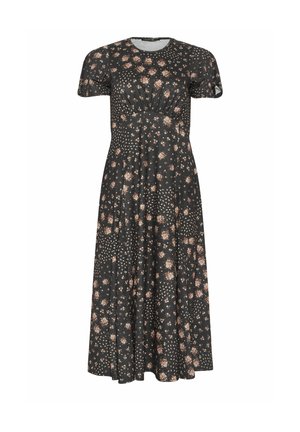 Vestido midi negro con mangas cortas, cintura fruncida y patrón floral beige disperso por toda la tela.