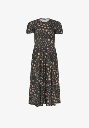 Vestido midi negro con mangas cortas, cintura fruncida y patrón floral beige disperso por toda la tela.