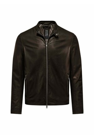 Schwarze Lederjacke mit Reißverschluss, Stehkragen, zwei vorderen Reißverschlusstaschen und Druckknopfdetail am Kragen, Größe groß.