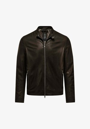 Veste en cuir noir avec fermeture éclair, col montant, deux poches avant zippées et détail à bouton-pression sur le col, taille grande.