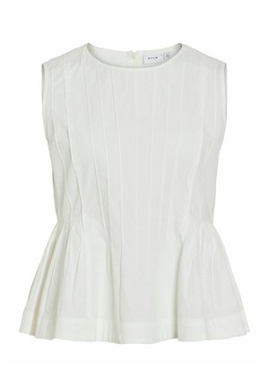 Blouse blanche sans manches avec des plis verticaux et un ourlet évasé à basque, encolure ronde et fermeture éclair au dos.