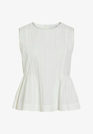 Ujjatlan fehér blúz függőleges redőkkel és kiszélesedő peplum szegéllyel, kerek nyakkivágással és hátul cipzáras záródással.