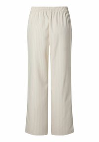 Pantalon beige à jambes larges avec fines rayures verticales et taille élastique, présenté sur fond blanc.