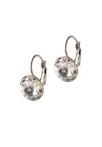 Zilverkleurige oorbellen met grote, heldere ovale kristallen. Ze hebben een gepolijste afwerking en een lever-slot voor een veilige draagervaring.
