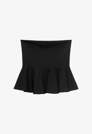 Top peplum negru cu un corp ajustat și tiv evazat. Fabricat dintr-un material elastic, are o textură netedă și fără decorațiuni.