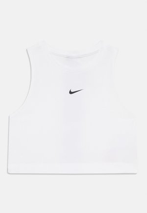 White cropped tank top made of fabric with a smooth texture. Features a round neckline and a small black Nike logo on the front.